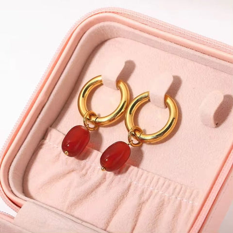 Natural Agate Stone Charm Earrings Jewelry Gold Plated Stainless Steel Crystal Hoop Earrings for Women