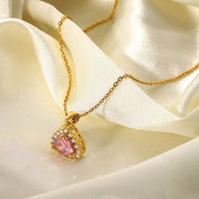 18K Real Gold Plated Necklacejewelry Stainless Steel Pink Triangle Cubic Zircon Pendant Necklace for Women