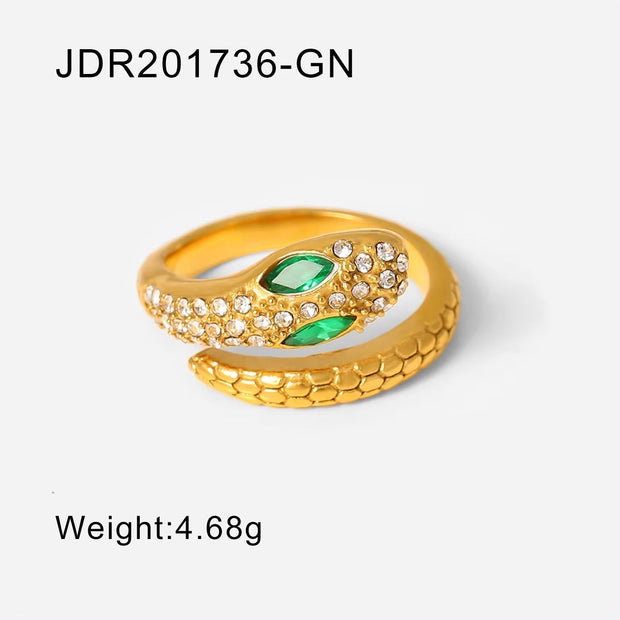 Chic Cubic Zircon Malachite Stacking Snake Ring Waterproof 18K Gold Plated Stainless Steel Opening Rings