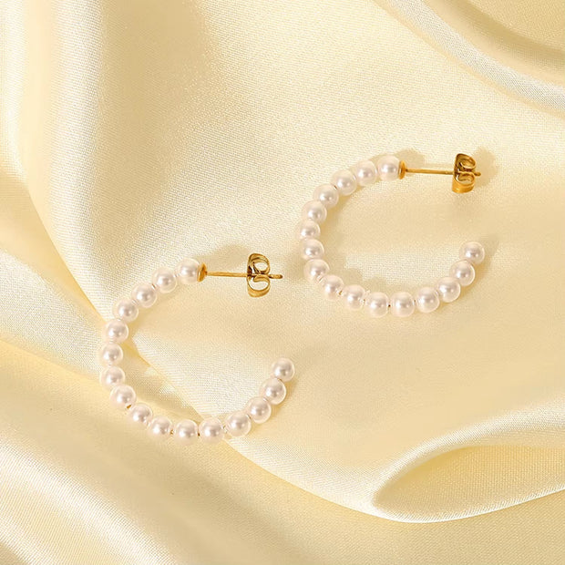 French Style Pearl C-Shaped Jewelry Earrings Stainless Steel Gold-Plated Mini Pearl Women'S Gift Hoop Earrings