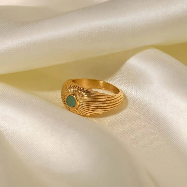 18K Gold Plated Stainless Steel Wide Chunky Natural Green Stone Sun Shape Rings Punk Style Unisex