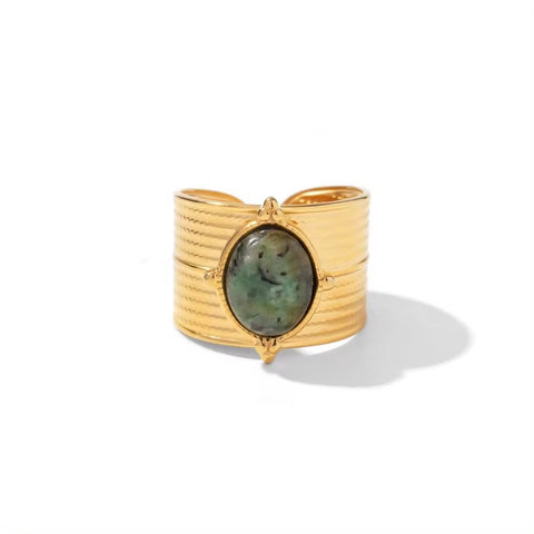 18K Gold Plated Stainless Steel Wide Cyclic Surface Natural African Turquoise Stone Rings for Women