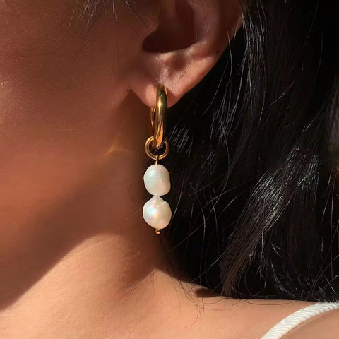 Fashion Jewelry Stainless Steel Wave CC Hoop Earring 18K Gold Plated Freshwater Pearl Drop Earring