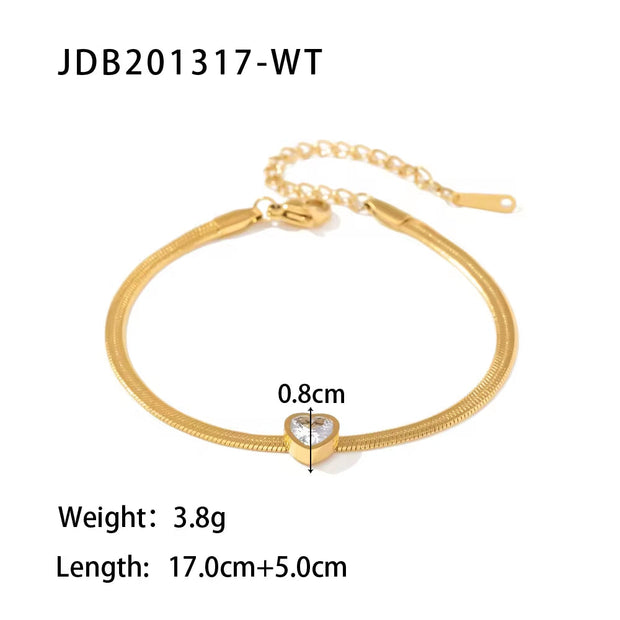 New Trendy 18K Gold Plated Stainless Steel Snake Chain Cubic Zirconia Heart Bracelet for Women