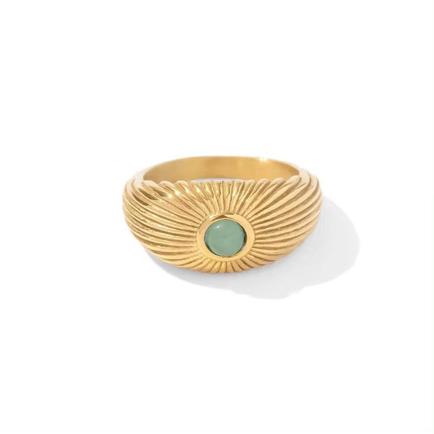 18K Gold Plated Stainless Steel Wide Chunky Natural Green Stone Sun Shape Rings Punk Style Unisex