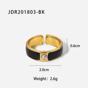 Black Enamel Opening Cubic Zirconia 18K Gold Plated Ring Bamboo Stainless Steel Rings for Women