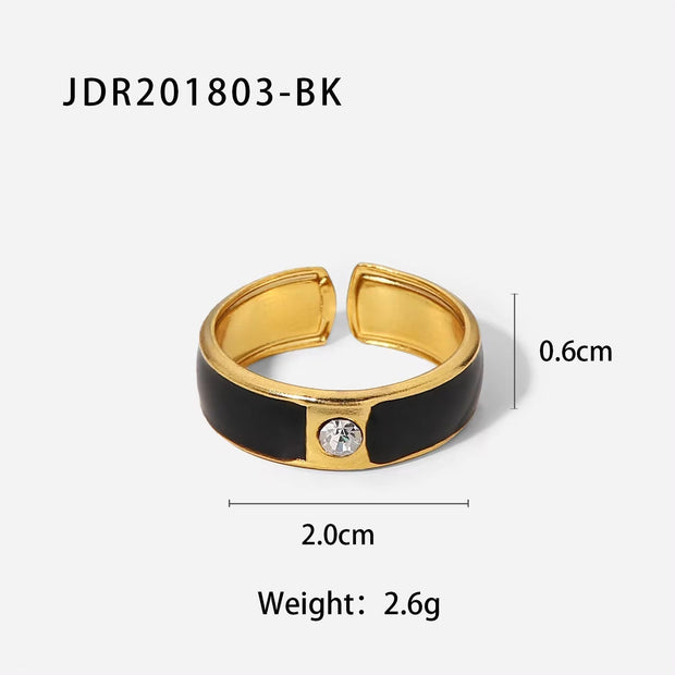 Black Enamel Opening Cubic Zirconia 18K Gold Plated Ring Bamboo Stainless Steel Rings for Women