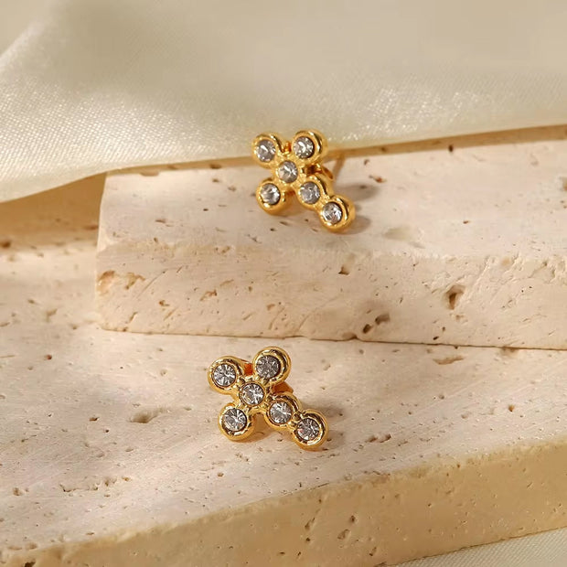 18K Gold Plated Cross Shape Zircon Insert Stainless Steel Stud Earrings Waterproof Jewelry