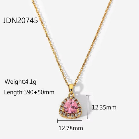 18K Real Gold Plated Necklacejewelry Stainless Steel Pink Triangle Cubic Zircon Pendant Necklace for Women