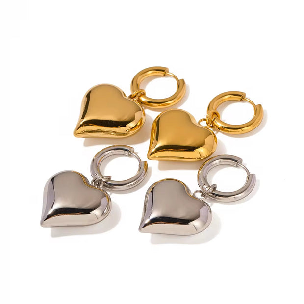 18K Gold Plated Waterproof Stainless Steel Chunky Hoop Huggie Heart Shape Pendant Earring Women