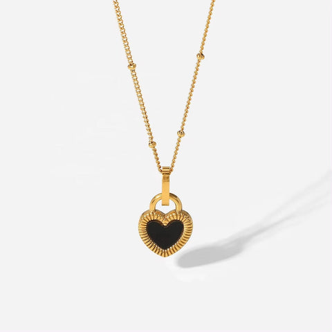 18K Gold Plated Double-Sided Jewelry Stainless Steel Black White Signet Lock Heart Necklace