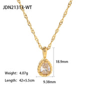 Waterproof Stainless Steel Twist Waterdrop Design Green Clear Cubic Zircon Pendant Necklace for Girls