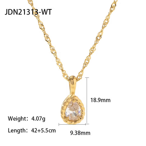 Waterproof Stainless Steel Twist Waterdrop Design Green Clear Cubic Zircon Pendant Necklace for Girls