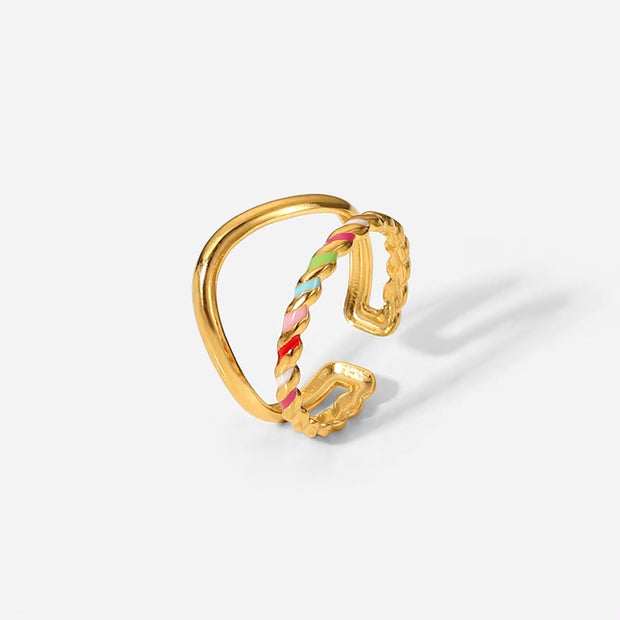 Cheap Stainless Steel 18K Gold Plated Enamel Colorful Dripping Oil Twist Double-Layer Opening Ring