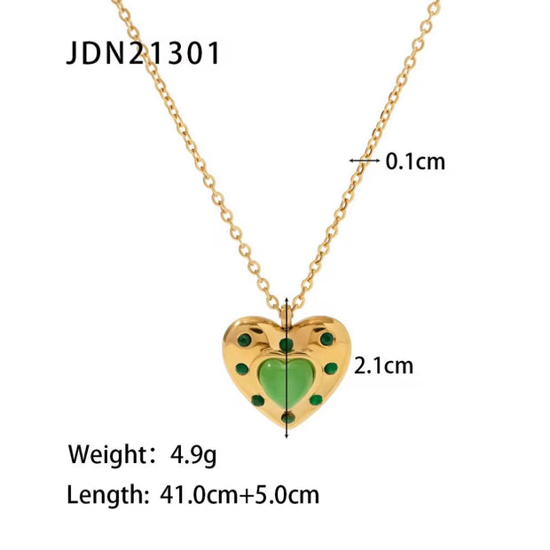 Waterproof Green Heart Necklace Stainless Steel Green Zircon Opal Stone Heart Pendant Necklace