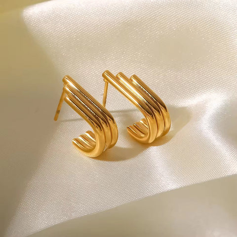 18K Gold Plated Three Layers Pipe Organ U Shape Stainless Steel Stud Earrings for Ladies Gift