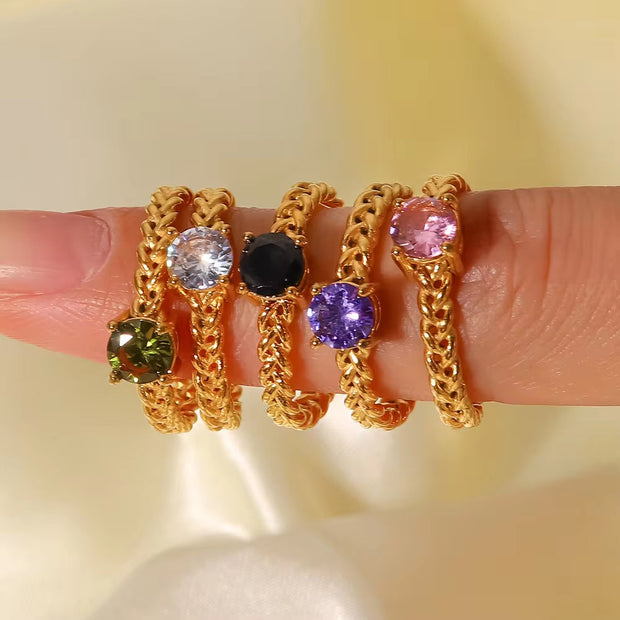 Luxury Wedding Gemstone Ring Woven Chain Stainless Steel CZ Stone Gold Adjustable Rings for Bijoux Acier Inoxidable Femme