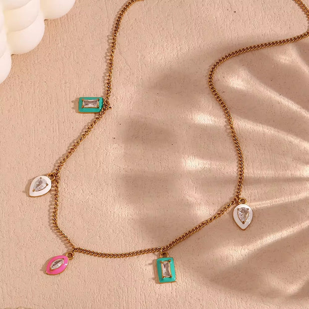 Shining Zircon Enamel Charm Necklace Gold Plated Jewelry Water Drop Choker Necklace Stainless Steel Necklace