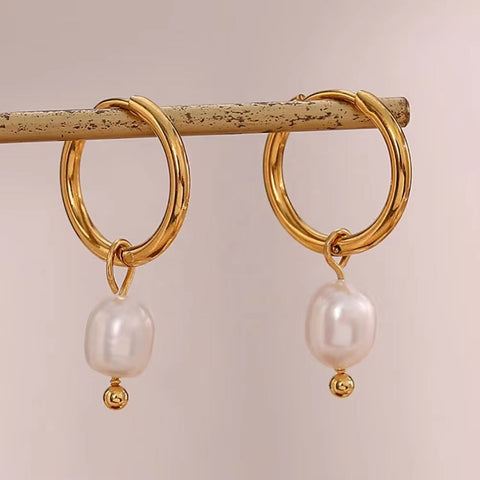 Drop Ship Elegant Fresh Water Pearl Drop Earring 18K Gold Plated Stainless Steel Gold Hoop Earring