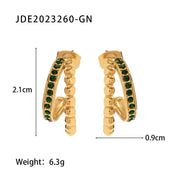 Layer Beads Chain Design Green Cubic Zircon Statement 18K Gold Plated Stainless Steel Hoop Earring