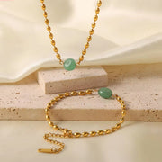 Stainless Steel 18K Gold Plated Jewelry Set Green Natural Stone Oval Golden Bead Bracelet Necklace