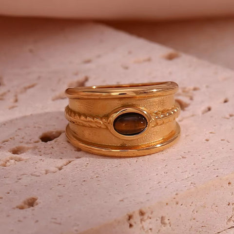 Vintage Engraved Natural Stone Statement Ring 18K Gold Plated Stainless Steel Signet Ring