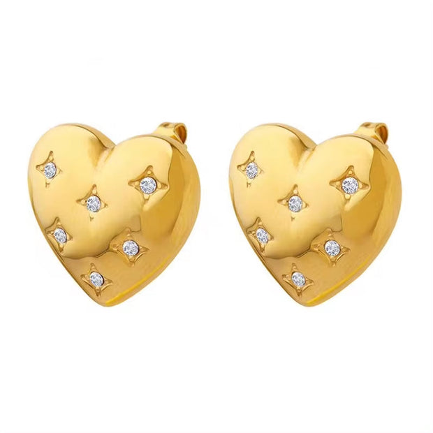 Fashion Jewelry Luxury Cubic Zirconia Stainless Steel 18K Gold Plated Love Heart Stud Earrings Charm Women