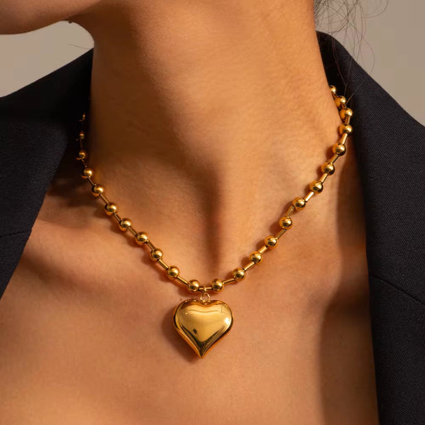 18K Gold Plated Stainless Steel Bead Chain OT Buckle Chunky Heart Pendant Bracelet Necklace for Women