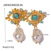 Fashion Stainless Steel Jewelry Plated 18K Gold PVD Turquoise Pearl Evil'S Earrings for Women