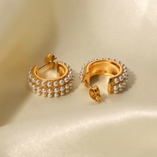 18K Gold Plated Stainless Steel C Shape White Pearl Three Layer Hoop Earrings Ins Fashion Jewelry