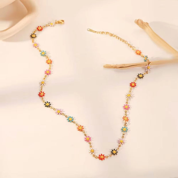 18K Gold Plated Stainless Steel Accessories Charm Colorful Daisy Choker Necklace for Women