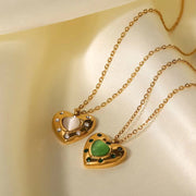 Waterproof Green Heart Necklace Stainless Steel Green Zircon Opal Stone Heart Pendant Necklace