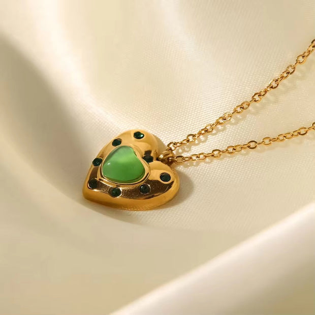 Lovely Heart Necklace Stainless Steel Clear Zircon Green Opal Stone Heart Pendant Necklace