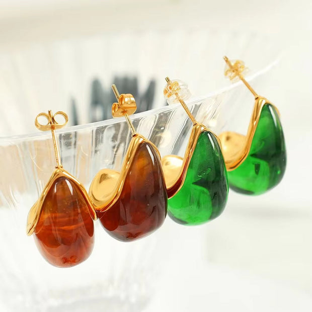 JEWELRY EH297 Pretty Design Vintage Resin Red Brown Dark Purple Colorless Drops 18K Gold Plated Earrings