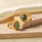 Natural Stone African Turquoise Agate Rope Sun 18K Gold Plated Stainless Steel Opening Rings