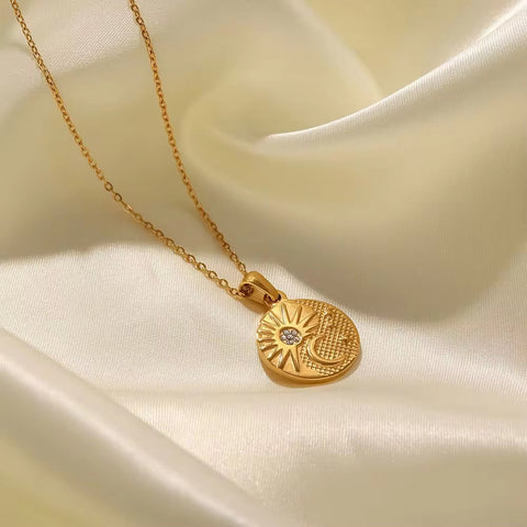 Stainless Steel Zircon Sun Half Moon Necklace 18K Gold Plated Moon Sunburst Pendant Necklace