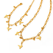 2024 Women Gold Plated Paper Clip Chain Bracelet Swallow Bird Pendant Necklace Jewelry Set