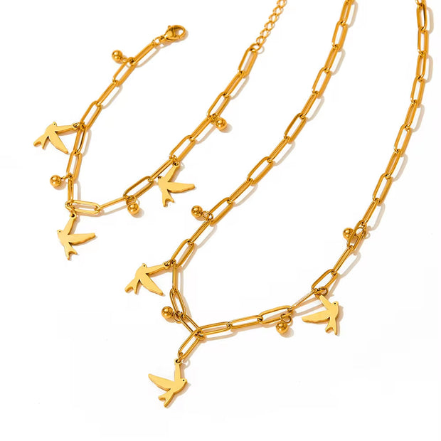 2024 Women Gold Plated Paper Clip Chain Bracelet Swallow Bird Pendant Necklace Jewelry Set