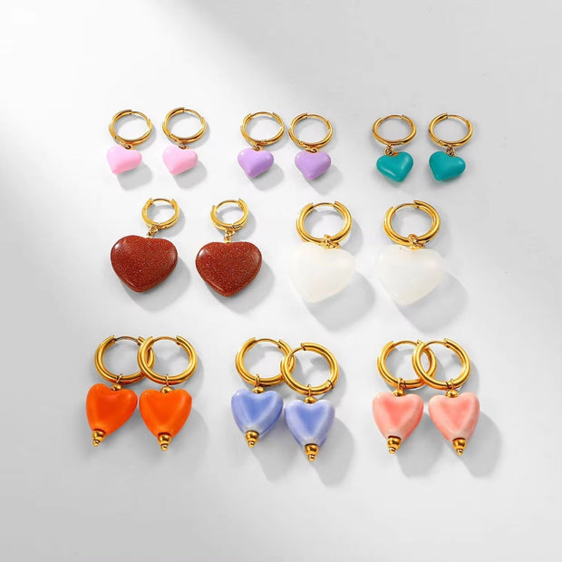 Colorful Heart Shape Oil Dripping Glaze Women Hoop Earrings Stainless Steel Enamel Heart Pendant Earrings for Drop Shipping