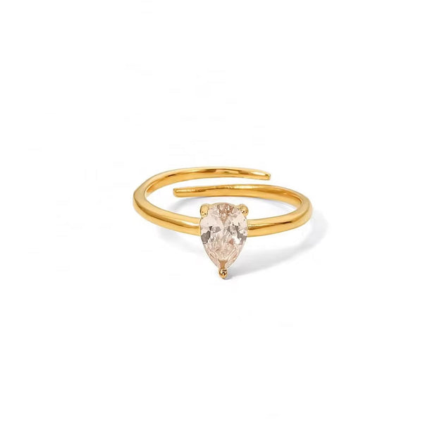 18K Gold Plated Water Drop White Zircon Inlaid Stainless Steel Adjustable Rings Dainty Jewelry