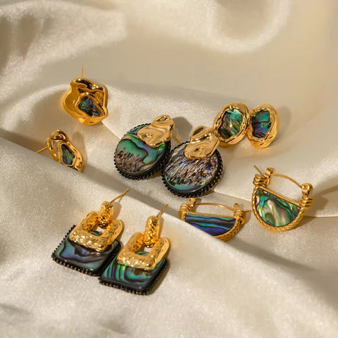 New Trendy Hammered Irregular Oval Square Geometric Abalone Shell 18K Real Gold Plated Earrings 90S Vintage