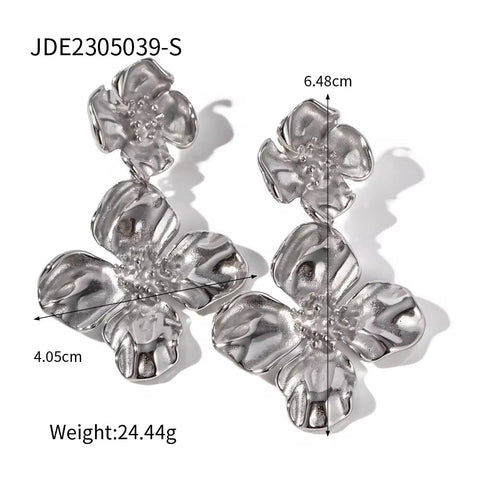 INS 18K Gold Plated Stainless Steel Flower Pendant Jewelry Gift Exaggerated Double Floral Drop Earrings