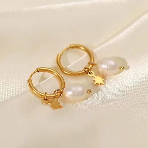 18K Gold Plated Stainless Steel Freshwater Pearl Star Charm Dainty Pendant Hoop Earrings for Women