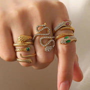 Chic Cubic Zircon Malachite Stacking Snake Ring Waterproof 18K Gold Plated Stainless Steel Opening Rings