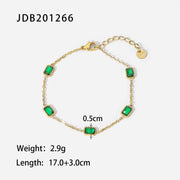 Minimalist Green Zircon Bracelet Herringbone Band Twist Bracelet Figaro Chain Emerald Charms Bracelet