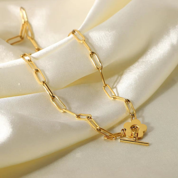 18K Gold Cute Flower OT Buckle Choker Stainless Steel Paper Clips Chain Necklace for Gifts