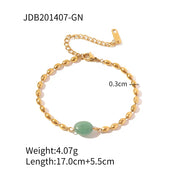 Stainless Steel 18K Gold Plated Jewelry Set Green Natural Stone Oval Golden Bead Bracelet Necklace