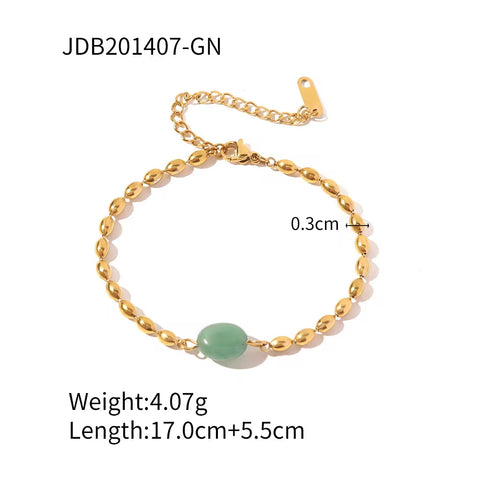 Stainless Steel 18K Gold Plated Jewelry Set Green Natural Stone Oval Golden Bead Bracelet Necklace