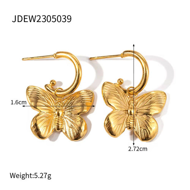 Ins 18K Gold Plated Stainless Steel Butterfly Pendant Necklace Tassel Earrings Opening Bangles Butterfly Rings