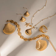 Unique Earrings 18K Gold Plated Stainless Steel Texture Scallop Shell Shape Necklace and Earring Set